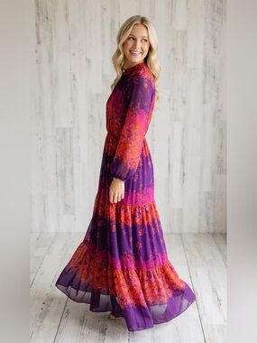 Maison Tara Floral Maxi Dress Size 12 Purple Orange Tiered Boho Flowy